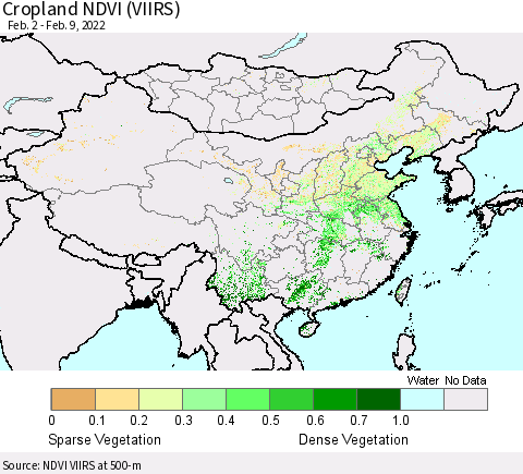 China, Mongolia and Taiwan Cropland NDVI (VIIRS) Thematic Map For 2/2/2022 - 2/9/2022