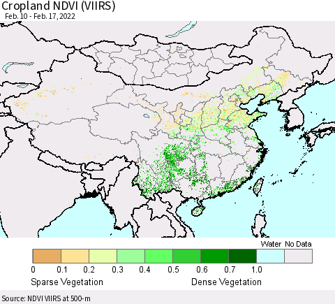 China, Mongolia and Taiwan Cropland NDVI (VIIRS) Thematic Map For 2/10/2022 - 2/17/2022