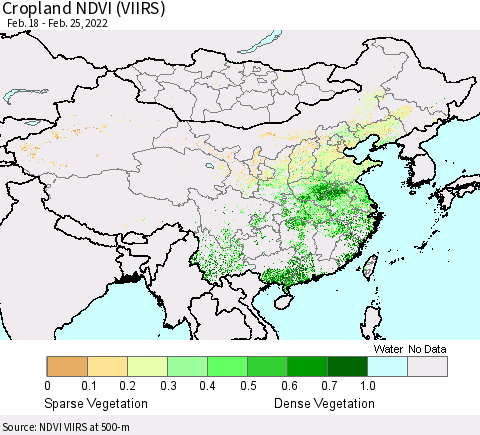 China, Mongolia and Taiwan Cropland NDVI (VIIRS) Thematic Map For 2/18/2022 - 2/25/2022