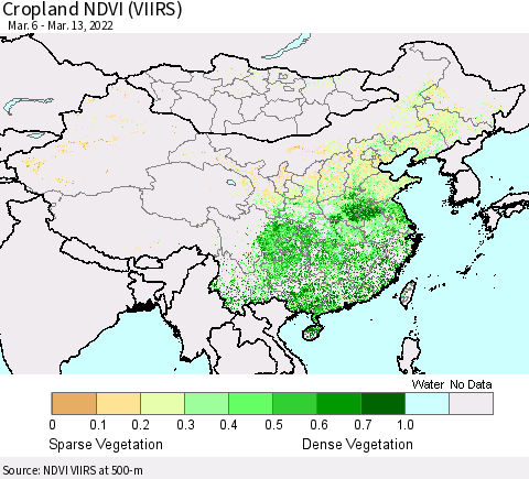 China, Mongolia and Taiwan Cropland NDVI (VIIRS) Thematic Map For 3/6/2022 - 3/13/2022