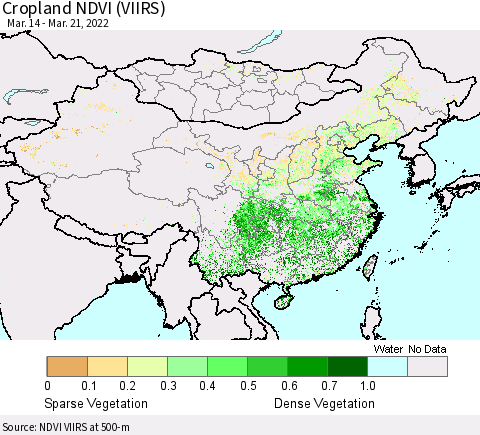 China, Mongolia and Taiwan Cropland NDVI (VIIRS) Thematic Map For 3/14/2022 - 3/21/2022
