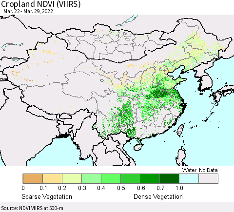 China, Mongolia and Taiwan Cropland NDVI (VIIRS) Thematic Map For 3/22/2022 - 3/29/2022