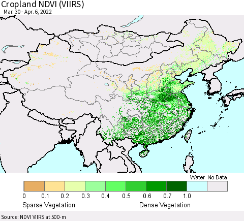 China, Mongolia and Taiwan Cropland NDVI (VIIRS) Thematic Map For 3/30/2022 - 4/6/2022