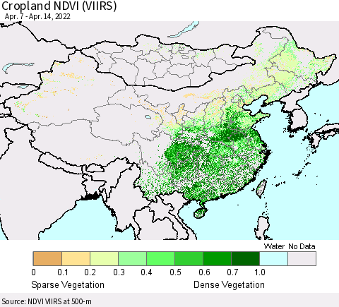 China, Mongolia and Taiwan Cropland NDVI (VIIRS) Thematic Map For 4/7/2022 - 4/14/2022