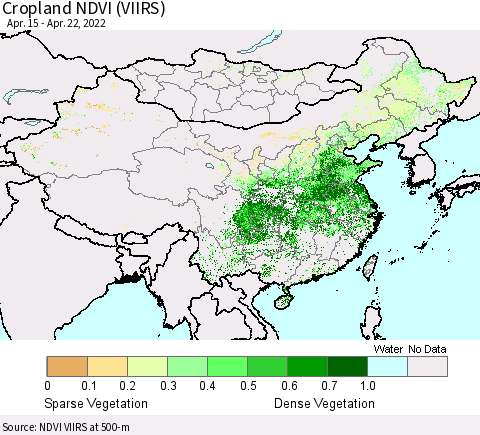 China, Mongolia and Taiwan Cropland NDVI (VIIRS) Thematic Map For 4/15/2022 - 4/22/2022