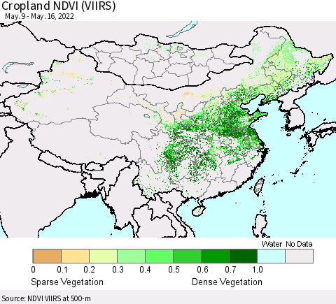 China, Mongolia and Taiwan Cropland NDVI (VIIRS) Thematic Map For 5/9/2022 - 5/16/2022