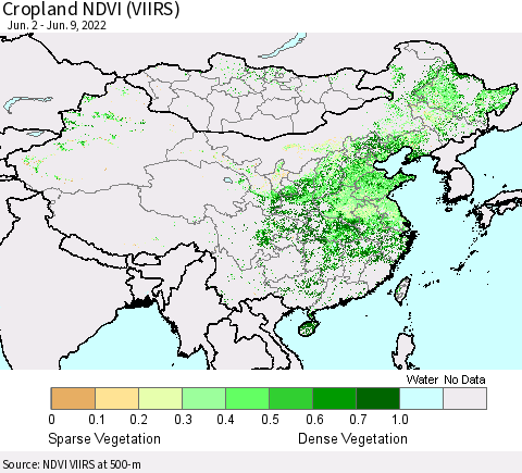 China, Mongolia and Taiwan Cropland NDVI (VIIRS) Thematic Map For 6/2/2022 - 6/9/2022