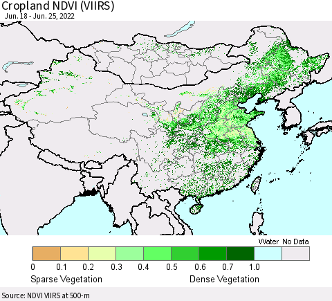 China, Mongolia and Taiwan Cropland NDVI (VIIRS) Thematic Map For 6/18/2022 - 6/25/2022