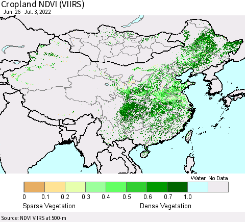 China, Mongolia and Taiwan Cropland NDVI (VIIRS) Thematic Map For 6/26/2022 - 7/3/2022