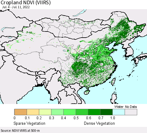 China, Mongolia and Taiwan Cropland NDVI (VIIRS) Thematic Map For 7/4/2022 - 7/11/2022