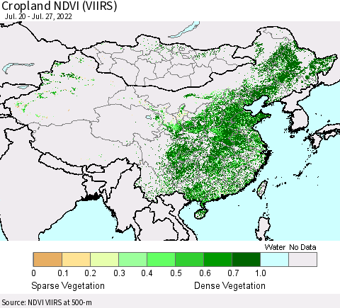 China, Mongolia and Taiwan Cropland NDVI (VIIRS) Thematic Map For 7/20/2022 - 7/27/2022