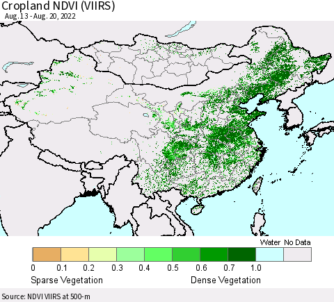 China, Mongolia and Taiwan Cropland NDVI (VIIRS) Thematic Map For 8/13/2022 - 8/20/2022