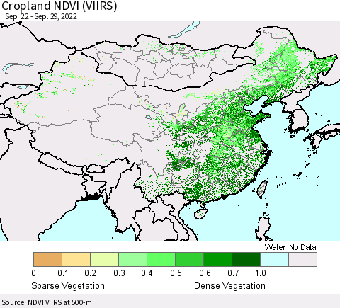 China, Mongolia and Taiwan Cropland NDVI (VIIRS) Thematic Map For 9/22/2022 - 9/29/2022