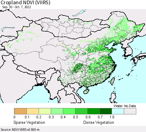 China, Mongolia and Taiwan Cropland NDVI (VIIRS) Thematic Map For 9/30/2022 - 10/7/2022