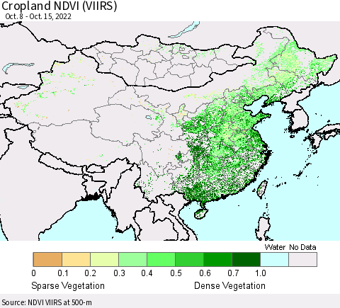 China, Mongolia and Taiwan Cropland NDVI (VIIRS) Thematic Map For 10/8/2022 - 10/15/2022