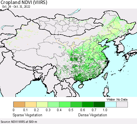 China, Mongolia and Taiwan Cropland NDVI (VIIRS) Thematic Map For 10/24/2022 - 10/31/2022