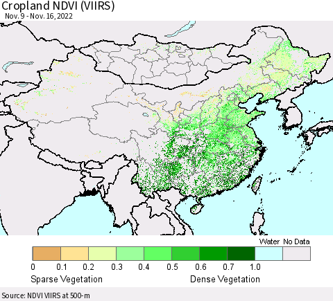 China, Mongolia and Taiwan Cropland NDVI (VIIRS) Thematic Map For 11/9/2022 - 11/16/2022