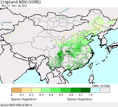 China, Mongolia and Taiwan Cropland NDVI (VIIRS) Thematic Map For 11/17/2022 - 11/24/2022