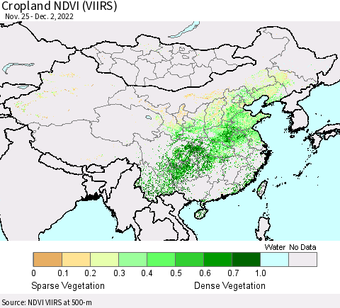 China, Mongolia and Taiwan Cropland NDVI (VIIRS) Thematic Map For 11/25/2022 - 12/2/2022