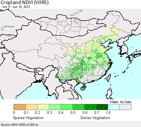 China, Mongolia and Taiwan Cropland NDVI (VIIRS) Thematic Map For 1/9/2023 - 1/16/2023