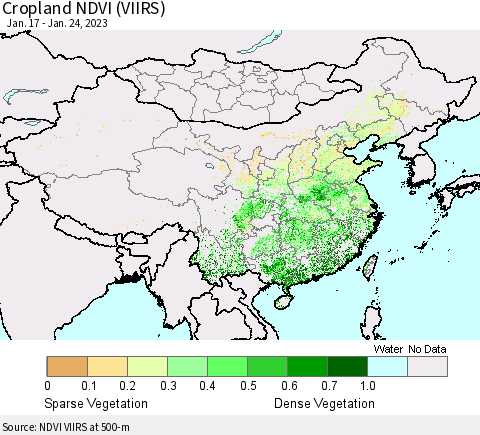 China, Mongolia and Taiwan Cropland NDVI (VIIRS) Thematic Map For 1/17/2023 - 1/24/2023