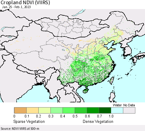 China, Mongolia and Taiwan Cropland NDVI (VIIRS) Thematic Map For 1/25/2023 - 2/1/2023
