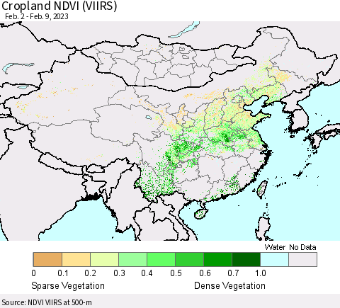China, Mongolia and Taiwan Cropland NDVI (VIIRS) Thematic Map For 2/2/2023 - 2/9/2023