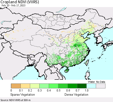 China, Mongolia and Taiwan Cropland NDVI (VIIRS) Thematic Map For 2/10/2023 - 2/17/2023