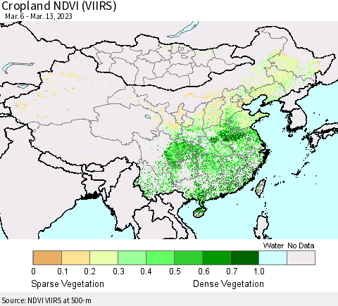 China, Mongolia and Taiwan Cropland NDVI (VIIRS) Thematic Map For 3/6/2023 - 3/13/2023