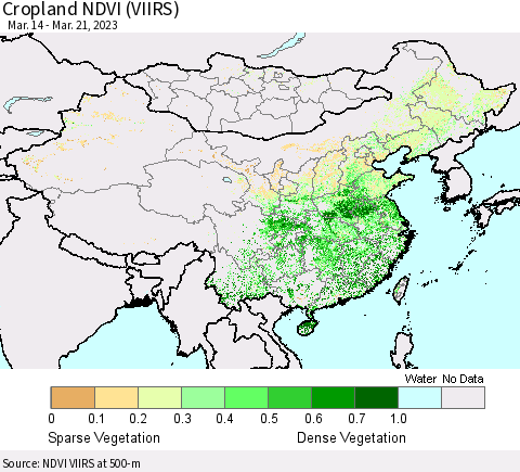 China, Mongolia and Taiwan Cropland NDVI (VIIRS) Thematic Map For 3/14/2023 - 3/21/2023