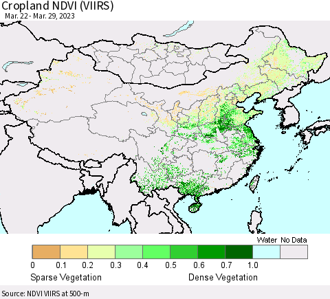 China, Mongolia and Taiwan Cropland NDVI (VIIRS) Thematic Map For 3/22/2023 - 3/29/2023