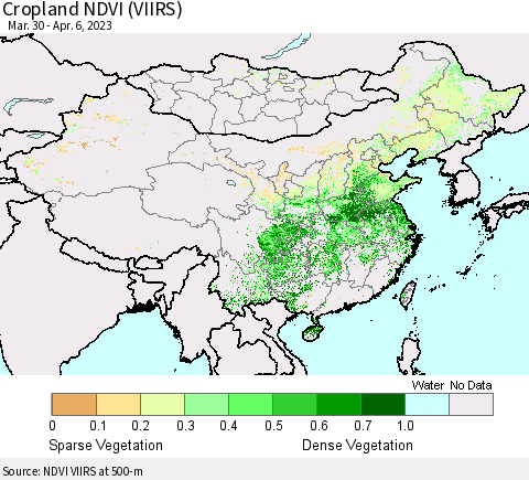 China, Mongolia and Taiwan Cropland NDVI (VIIRS) Thematic Map For 3/30/2023 - 4/6/2023