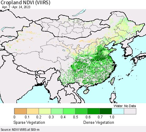 China, Mongolia and Taiwan Cropland NDVI (VIIRS) Thematic Map For 4/7/2023 - 4/14/2023