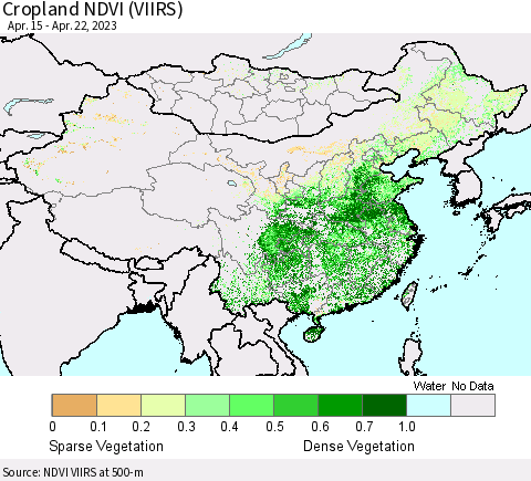 China, Mongolia and Taiwan Cropland NDVI (VIIRS) Thematic Map For 4/15/2023 - 4/22/2023