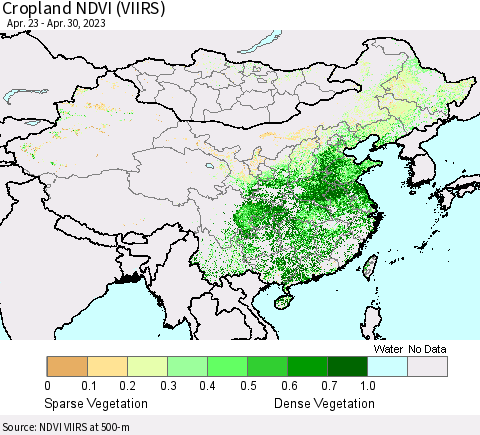 China, Mongolia and Taiwan Cropland NDVI (VIIRS) Thematic Map For 4/23/2023 - 4/30/2023