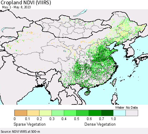 China, Mongolia and Taiwan Cropland NDVI (VIIRS) Thematic Map For 5/1/2023 - 5/8/2023
