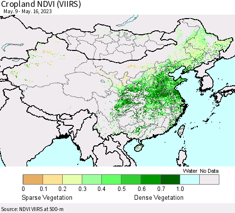 China, Mongolia and Taiwan Cropland NDVI (VIIRS) Thematic Map For 5/9/2023 - 5/16/2023