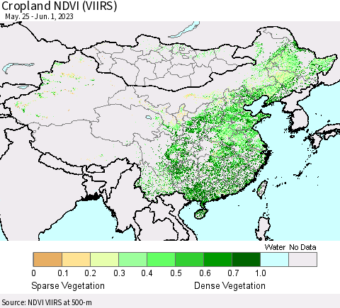 China, Mongolia and Taiwan Cropland NDVI (VIIRS) Thematic Map For 5/25/2023 - 6/1/2023