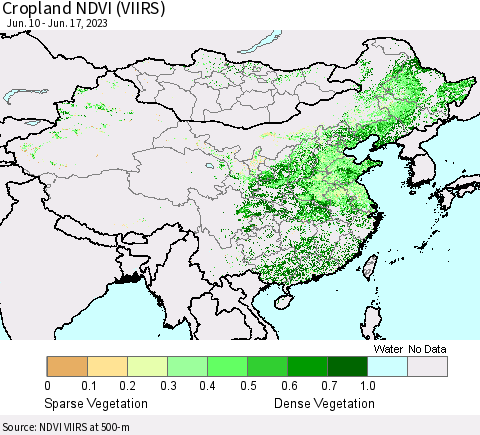 China, Mongolia and Taiwan Cropland NDVI (VIIRS) Thematic Map For 6/10/2023 - 6/17/2023
