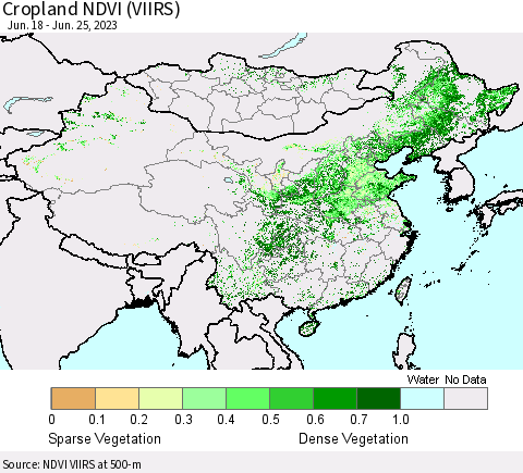 China, Mongolia and Taiwan Cropland NDVI (VIIRS) Thematic Map For 6/18/2023 - 6/25/2023