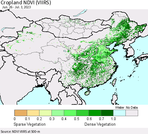 China, Mongolia and Taiwan Cropland NDVI (VIIRS) Thematic Map For 6/26/2023 - 7/3/2023