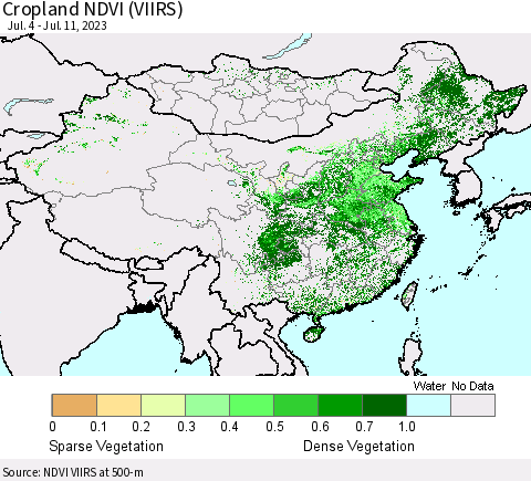 China, Mongolia and Taiwan Cropland NDVI (VIIRS) Thematic Map For 7/4/2023 - 7/11/2023
