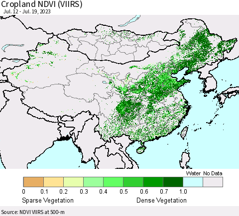 China, Mongolia and Taiwan Cropland NDVI (VIIRS) Thematic Map For 7/12/2023 - 7/19/2023