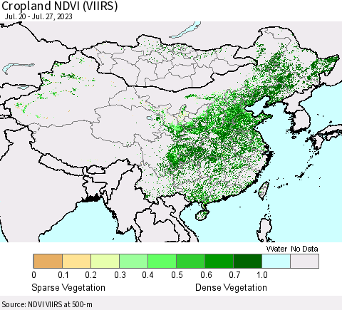 China, Mongolia and Taiwan Cropland NDVI (VIIRS) Thematic Map For 7/20/2023 - 7/27/2023