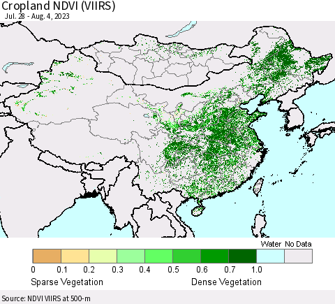 China, Mongolia and Taiwan Cropland NDVI (VIIRS) Thematic Map For 7/28/2023 - 8/4/2023