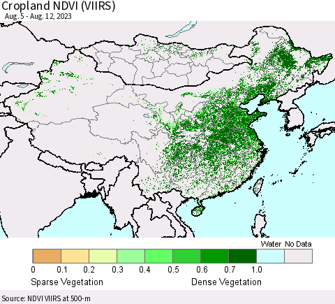 China, Mongolia and Taiwan Cropland NDVI (VIIRS) Thematic Map For 8/5/2023 - 8/12/2023