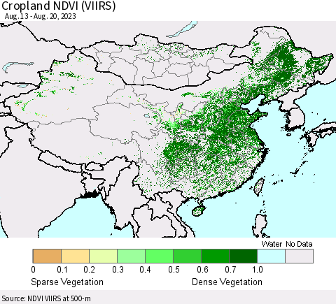 China, Mongolia and Taiwan Cropland NDVI (VIIRS) Thematic Map For 8/13/2023 - 8/20/2023