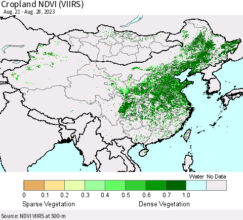 China, Mongolia and Taiwan Cropland NDVI (VIIRS) Thematic Map For 8/21/2023 - 8/28/2023
