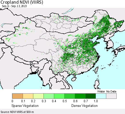 China, Mongolia and Taiwan Cropland NDVI (VIIRS) Thematic Map For 9/6/2023 - 9/13/2023