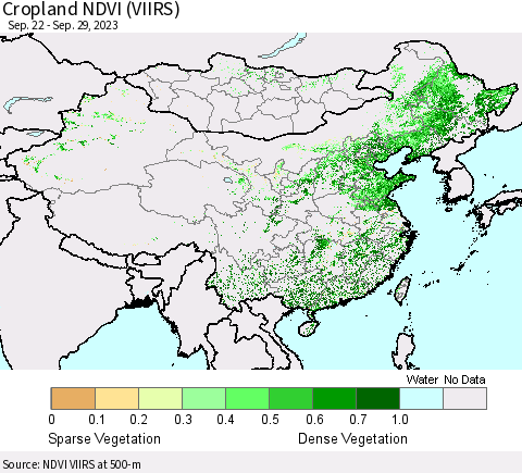China, Mongolia and Taiwan Cropland NDVI (VIIRS) Thematic Map For 9/22/2023 - 9/29/2023
